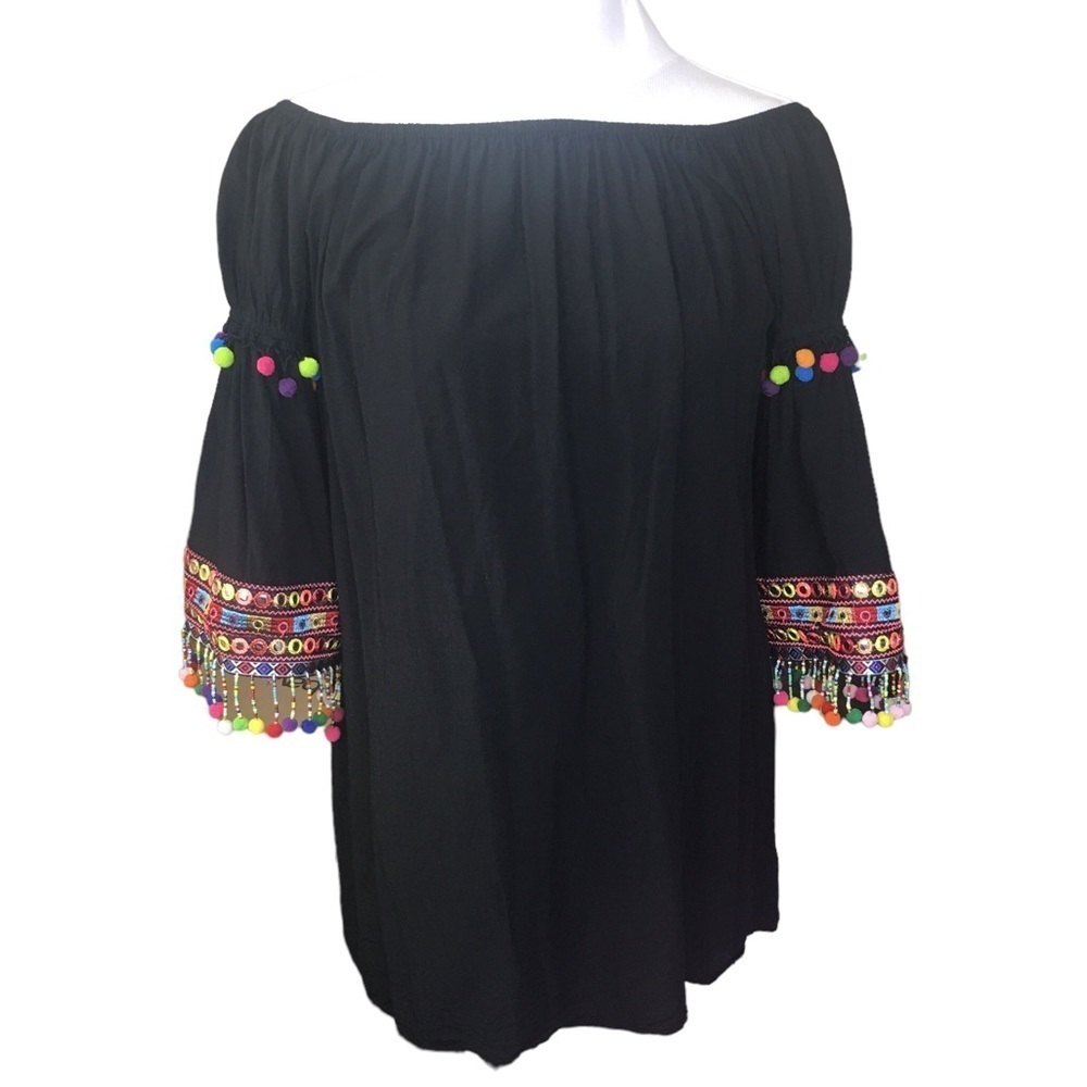 Stellah Boho Top off Shoulder with Embroidery and Pom Pom Size Small Black